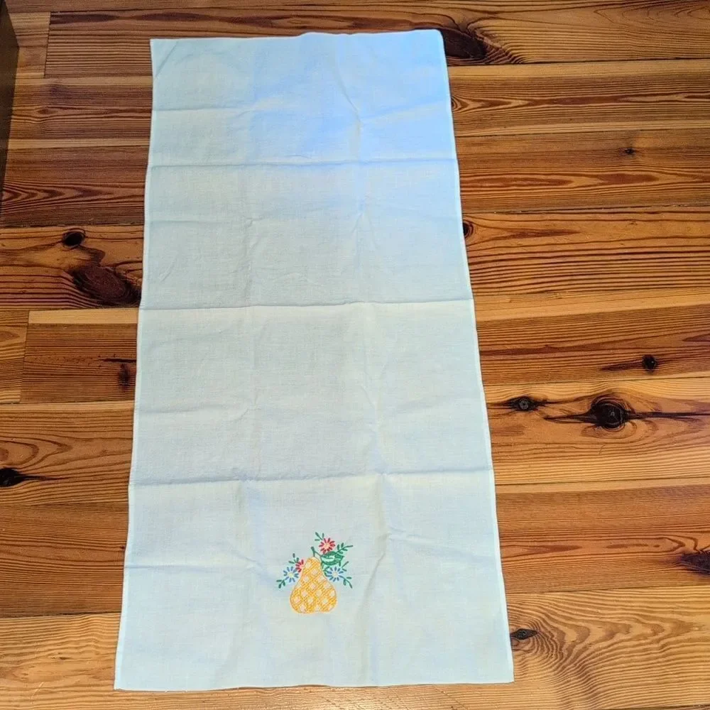 Vintage Embroidered White Tea Towel with Floral Pear Design